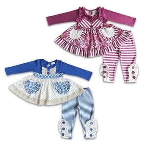 Autumn Striped Floral Tunic Matching Leggings Toddler Girls Sister 2 pcs Outfit - Picture 1 of 5