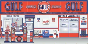 GULF OLD GAS PUMP SERVICE STATION SCENE WALL MURAL SIGN BANNER GARAGE ART - Picture 1 of 1