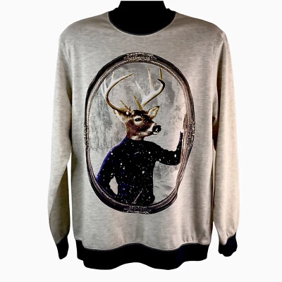 Retrofit Brand Crewneck Shirt Heather Gray Graphic Reindeer Long Sleeve Large - Image 1 of 4