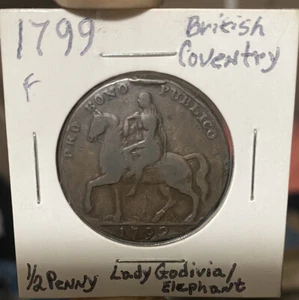 1799 BRITAIN  1/2 PENNY-F WARWICKSHIRE-COVENTRY LADY GODIVA ElephantCONDER TOKEN - Picture 1 of 2