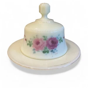 Antike Tarent Puddingglas bedeckt Butterdose Daumenabdruck handbemalt Rosen - Bild 1 von 8