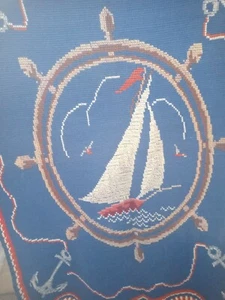 VTG 40s CROCHET THROW BLANKET 62" length x 48" W NAUTICAL SAIlBOATS - Picture 1 of 7