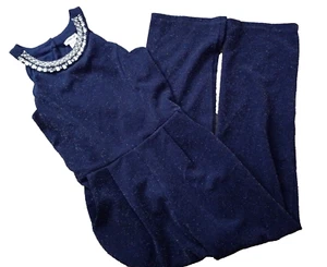 🌼 Girl's L Metallic Blue Rhinestone 10 Romper Set Pants Outfit New Party Dress - Picture 1 of 9