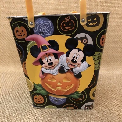 "Cubo de lata cubo de regalo de truco de metal Disney Halloween Mickey y Minnie Mouse 7"" de alto" Foto 1 de 4