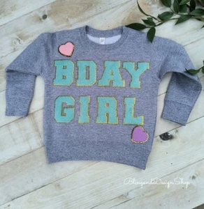 Custom Birthday Girl Chenille Letter Patch Pullover Sweatshirt Heather Gray 5T - Picture 1 of 9