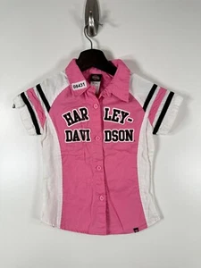 Harley Davidson Kids Girls Button Up Moto Biker Top Pink White Sz 5 12.5x17 - Picture 1 of 9