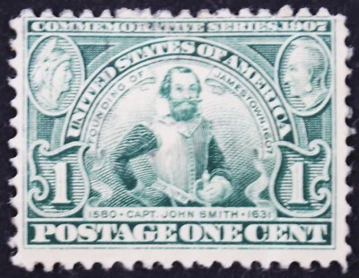 US Stamp, Scott #328, 1¢ Jamestown Exposition, Capt. John Smith, MH - Image 1 of 3