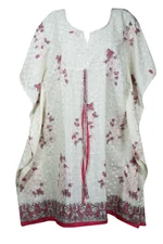 Boho Women's White Caftan Dress Recycled Floral Print Beach Cover Up Dresses 3XL
