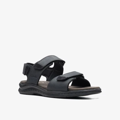 Clarks Mens Hapsford Creek Black Tumbled Leather Flat Leather Sandals - Image 1 of 4