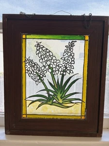 Vintage Floral (Hyacinth) Stained Glass Window Wood Frame 19”x16” - Picture 1 of 10
