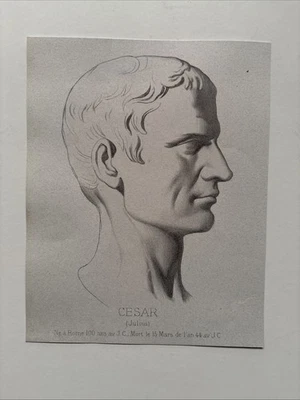 Gravura antiga 1868 estudo de retrato masculino acadêmico imperador Júlio César Real - Imagem 1 de 2