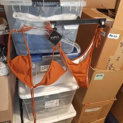 ¡NUEVO! Conjunto de bikini Zaful para mujer 2 piezas sujetador push up cintura alta rayas marrones tallas S Foto 1 de 3