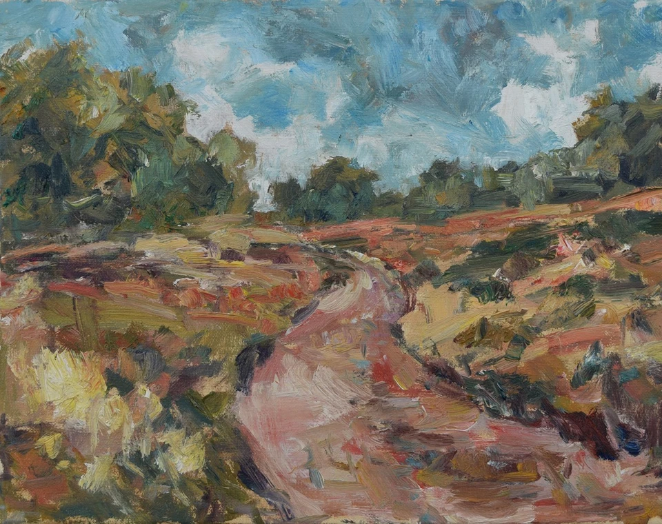 Art Original Oil Painting RM Mortensen "Evening Glow" Dirt Road Field Trees Sky - Image 1 of 1