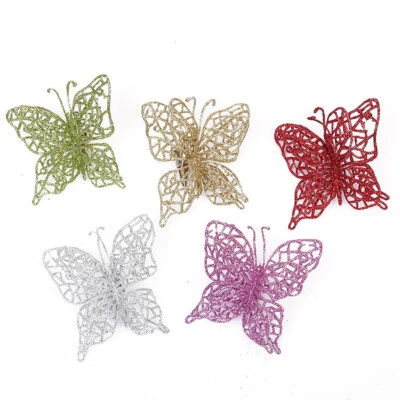 4Pcs Hollow Butterfly Christmas Tree Clip-on Artificial Flower Glitter Decor - Image 1 of 4