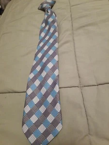 Boys Clip On Tie Blue White Gray Checked - Picture 1 of 2