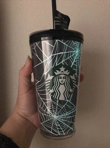 New Starbucks 2021 Halloween Glow In The Dark Spider Web Cold Cup Tumbler 16oz - Picture 1 of 4
