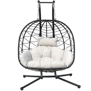 Double 2-Person Patio Hanging Chair Swing Wicker Egg Chair With Beige Cushion - Picture 1 of 7