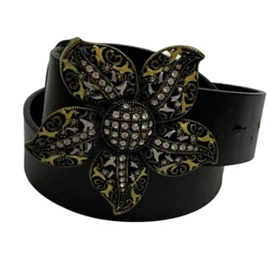 Fellini Italy Black Leather Belt Women's size M Flower Buckle Rhinestone - Picture 1 of 7