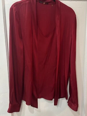 Blusa para mujer Elie Tahari roja rubí cuello en V con corbata y detalle puño - talla mediana  Foto 1 de 4
