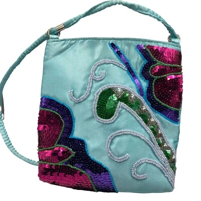 Vintage Diane Gilman Messenger Purse Sequinned Beaded Satin Light Blue 7x6 - Image 1 of 4