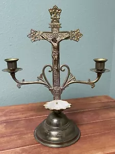 Antique Brass Reliquary Cross Candelabra w/Holy Water Font - Picture 1 of 11