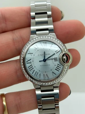 Cartier Ballon Bleu 33mm Blue Watch Diamond Bezel Stainless BOX + CARD - Image 1 of 4