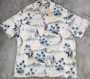 Campia Moda Hawaiian Shirt Mens 2XL White Blue Sailboat Palm Tree American Flag - Picture 1 of 9