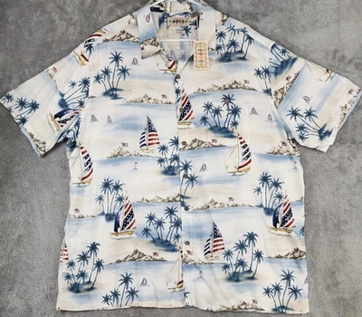 Campia Moda Hawaiian Shirt Mens 2XL White Blue Sailboat Palm Tree American Flag - Image 1 of 4