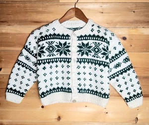 Handmade Nordic Cardigan Sweater Youth Kids 10 Snowflake Ivory Green Button Up - Picture 1 of 7