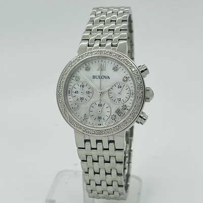 Bulova Diamond Women's Chronograph White Dial Silver Steel 30mm Watch 96R204 - Image 1 of 4