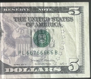 (NEAR SOLID!) $5 Binary Near Solid 7 Of A Kind Fancy Serial Number PL66766666B - Picture 1 of 3