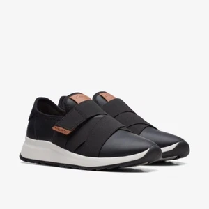 BNIB Clarks Ladies Dashlite Strap Black Leather Slip On Trainers Size UK 5.5/39 - Picture 1 of 6