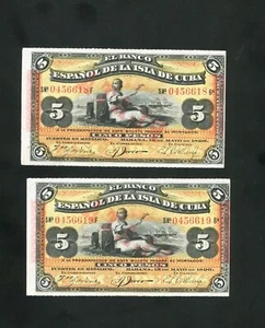 tu_bazar LOTE 2 BILLETES BANCO ESPAÑOL PAREJA CORRELATIVA 5 PESOS 1896 SC - Imagen 1 de 2