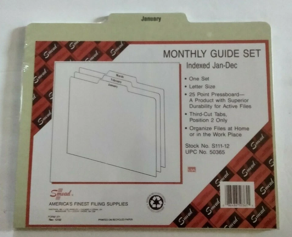 Smead Monthly Guide Set Jan-Dec  Third Cut Tabs File Folders - Image 1 of 1