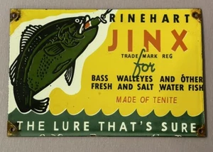 Rinehart JINX the Lure Thats Sure Porcelain Fishing Lure Sign 9"x6" (A) - Picture 1 of 8