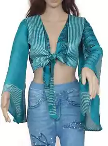 Top corto con mangas de campana de sari de seda vintage indio de 10 piezas, top envolvente boho, top corto con corbata - Imagen 1 de 15