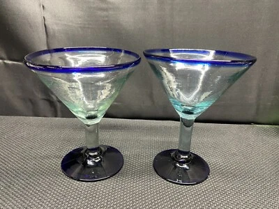 Juego de 2 ~ Vasos Martini Mexicanos Reciclados Soplados a Mano "AZUL COBALTO" ~ 6 1/4" Tal Foto 1 de 4