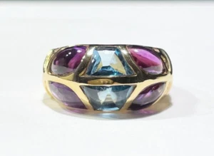 Estate Amethyst Blue Topaz Diamond 18k Yellow Gold Cluster Ring Size 7 - Picture 1 of 9