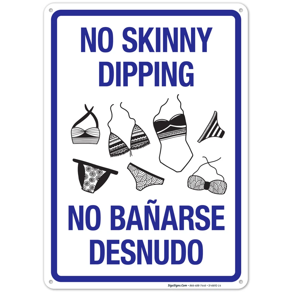 No Skinny Dipping Bilingual Sign, Pool Sign, Foto 1 de 1