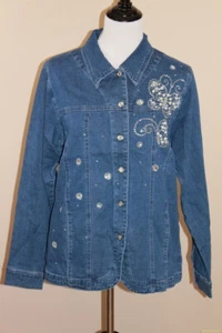 NWOT Woman Quacker Factory Denim Blue Butterfly Design Button Down Jacket M (416 - Picture 1 of 9