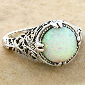 ART DECO STYLE 925 STERLING SILVER LAB-CREATED WHITE OPAL FILIGREE RING #642 - Picture 1 of 3