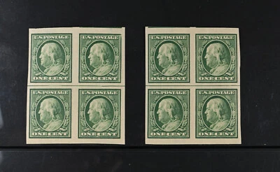 USA Scott # 383 Imperf Blocks of 4, 2mm & 3mm VF OG Hinged Stamps cat $30 - Image 1 of 2