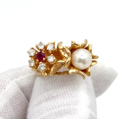 Vintage 14k Yellow Gold Round Diamond Pearl Ruby Flower Ring Size 6.5 - Image 1 of 4