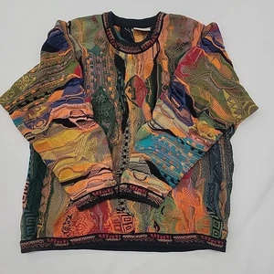 Coogi Australia Mercerised Cotten Sweater Embossed Knit Earthtone abstract LARGE - Picture 1 of 23