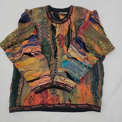 Coogi Australia Mercerised Cotten Sweater Embossed Knit Earthtone abstract LARGE - Image 1 of 4