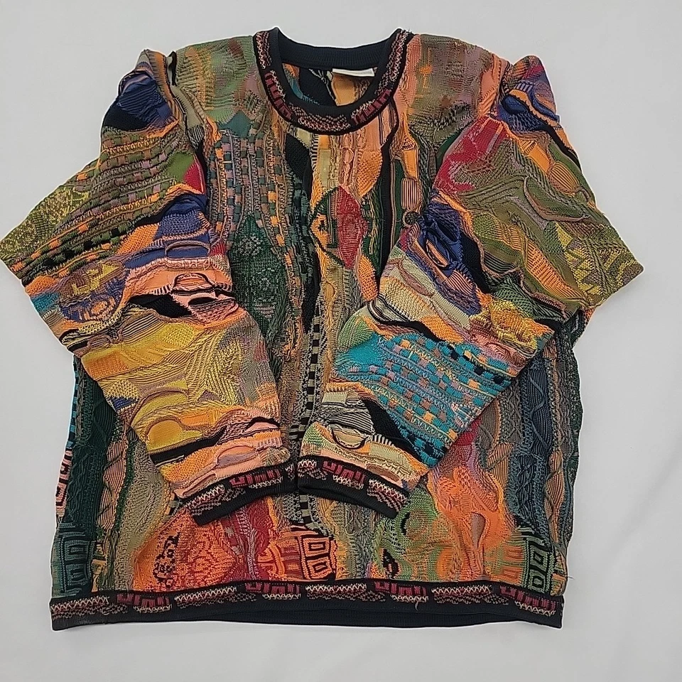 Coogi Australia Mercerised Cotten Sweater Embossed Knit Earthtone abstract LARGE - Image 1 of 4