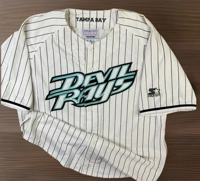 Vintage MLB Starter Tampa Bay Devil Rays Sewn Baseball Jersey 90s Pin Striped L - Image 1 of 4