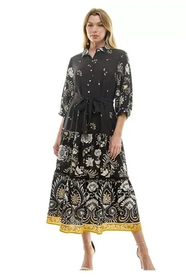 Figueroa & Flower 纽扣前腰带长裙女式 XL 码黑色花卉 — 第 1/4 张图片