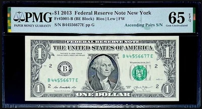 2013 $1 FEDERAL RESERVE NOTE- ASCENDING PAIRS LADDER #44556677 PMG 65 EPQ GEM - Image 1 of 2