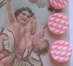 Set of 6 ~ Vintage 1/2"Pink Gingham Painted Glass Buttons ~Pre WWII~ old stock - Picture 1 of 2